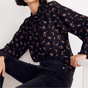 Madewell black floral blouse with smock neck, size medium